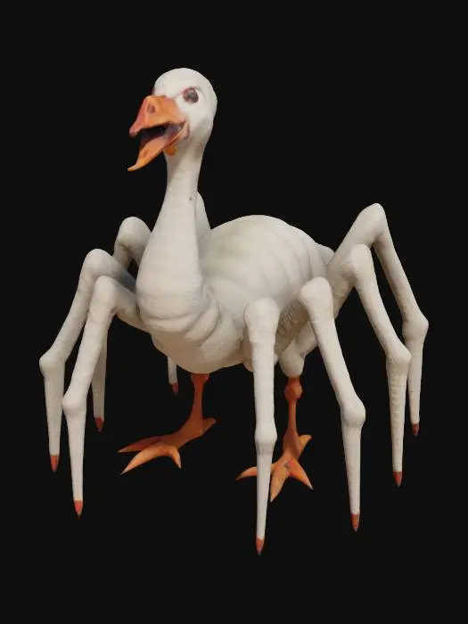 3D model for an 8-legged goose, a spider-goose, 2 section body of a massive spider, covered in white feathers, 8 long spider legs with 8 orange webbed feet, long next with a waterfowl head, screaming, scary