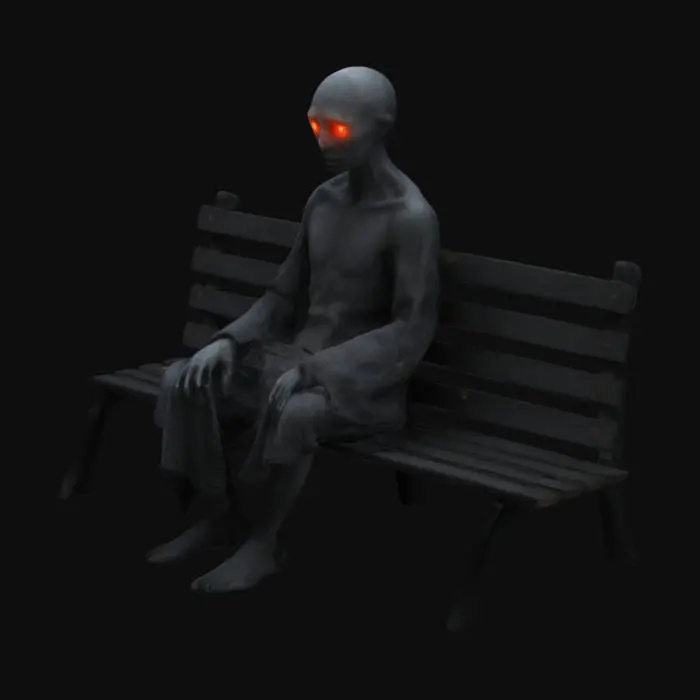 3D model for The embodiment of loneliness. A gaunt, hollow-eyed figure seated on a park bench, surrounded by a gray void. Though their form seems fragile, a tiny glowing ember of light flickers in their chest, occasionally reaching out as faint tendrils, but recoiling before touching anything.