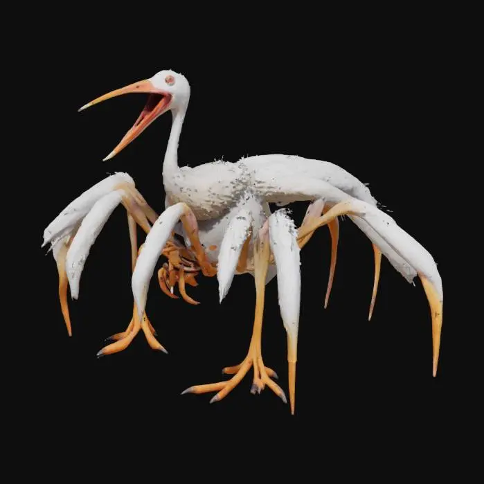 3D model for an 8-legged goose, a spider-goose, 2 section body of a massive spider, covered in white feathers, 8 long spider legs with 8 orange webbed feet, long next with a waterfowl head, screaming, scary