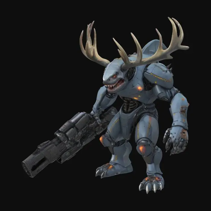 3D model for a massive, demonic cyborg cross-breed shark-moose. heavy armor, giant arm-cannon, futuristic, heavily roboticized, terrifying, hyper detail, ultra realism