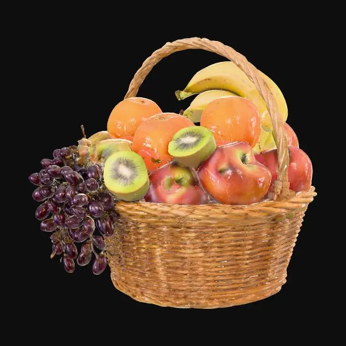 3D model for A big fruit basket, with bananas, oranges, grapes, apples and Kiwi, on a checkerboard table cloth. Realistic style, black background.

