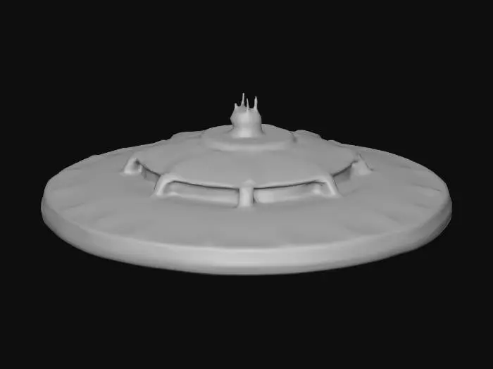 3D model for A massive, dark metallic alien mothership, disc-shaped with an immense, flattened profile. Its surface is a seamless expanse of charcoal gray, almost black, with a cold, hard, and smooth texture, devoid of visible seams or rivets. Subtle, raised central sections and glowing blue-white energy conduits emanate an eerie light, hinting at advanced alien technology beneath its imposing, formidable structure.