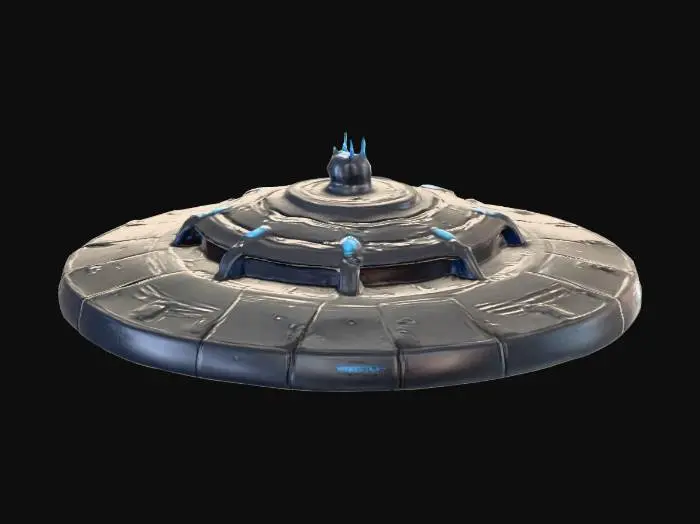 3D model for A massive, dark metallic alien mothership, disc-shaped with an immense, flattened profile. Its surface is a seamless expanse of charcoal gray, almost black, with a cold, hard, and smooth texture, devoid of visible seams or rivets. Subtle, raised central sections and glowing blue-white energy conduits emanate an eerie light, hinting at advanced alien technology beneath its imposing, formidable structure.