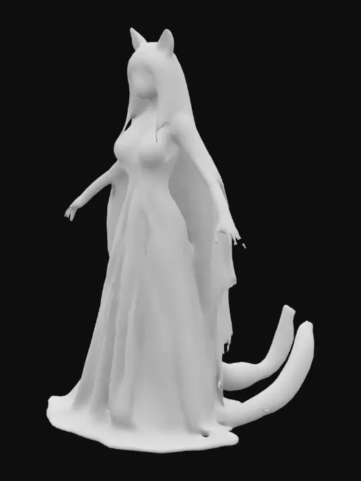 3D model for Highly detailed anime-style concept of a beautiful sexy anthropomorphic wolf woman with soft silver fur, large and long fluffy tail, striking sharp red eyes, realisticly detailed humanoid face,  wearing an elaborate red silk arbian harem outfit with sheer veils and golden jewelry, standing in a neutral T-pose for 3D reference, fantasy-themed, detailed fur and fabric textures, 3D render concept for VRChat avatar