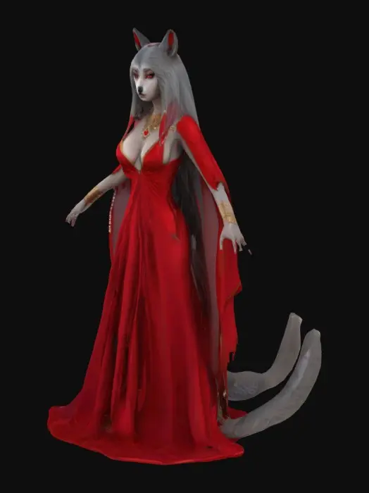 3D model for Highly detailed anime-style concept of a beautiful sexy anthropomorphic wolf woman with soft silver fur, large and long fluffy tail, striking sharp red eyes, realisticly detailed humanoid face,  wearing an elaborate red silk arbian harem outfit with sheer veils and golden jewelry, standing in a neutral T-pose for 3D reference, fantasy-themed, detailed fur and fabric textures, 3D render concept for VRChat avatar