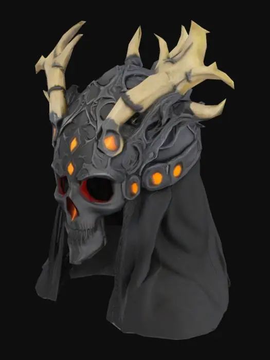 3D model for "Dark warlock helmet, sinister bone crown or mask, glowing sigils, twisted demonic design, black stone or obsidian elements, tattered magical threads, eerie and arcane feel, highly detailed for Unreal Engine 5."