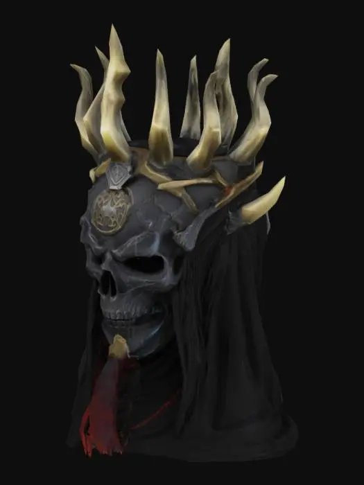 3D model for "Dark warlock helmet, sinister bone crown or mask, glowing sigils, twisted demonic design, black stone or obsidian elements, tattered magical threads, eerie and arcane feel, highly detailed for Unreal Engine 5."