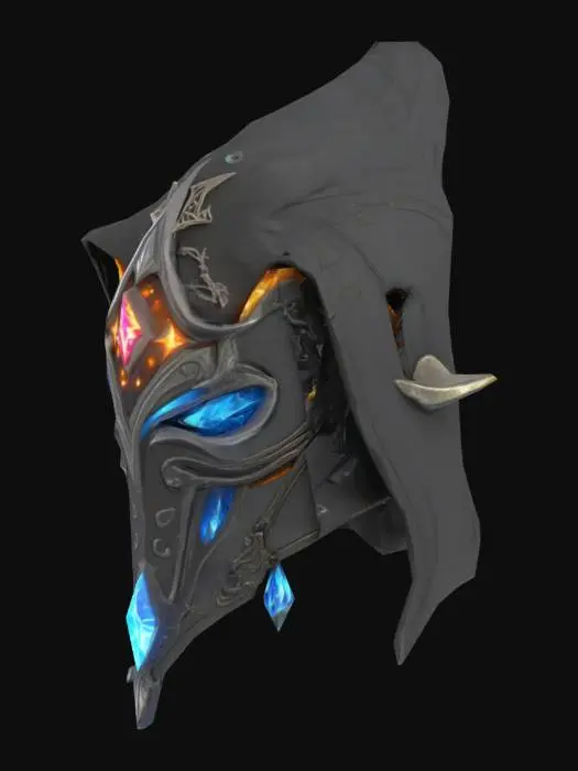 3D model for "Elegant and mysterious mage helmet in dark fantasy style, enchanted circlet or arcane hood, adorned with glowing runes and mystical crystals, flowing fabric details, subtle metallic accents, suitable for Unreal Engine 5."