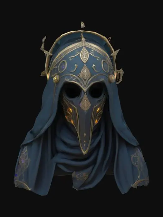 3D model for "Elegant and mysterious mage helmet in dark fantasy style, enchanted circlet or arcane hood, adorned with glowing runes and mystical crystals, flowing fabric details, subtle metallic accents, suitable for Unreal Engine 5."