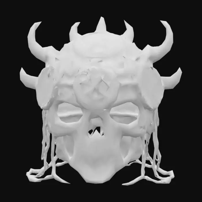 3D model for "Dark warlock helmet, sinister bone crown or mask, glowing sigils, twisted demonic design, black stone or obsidian elements, tattered magical threads, eerie and arcane feel, highly detailed for Unreal Engine 5."