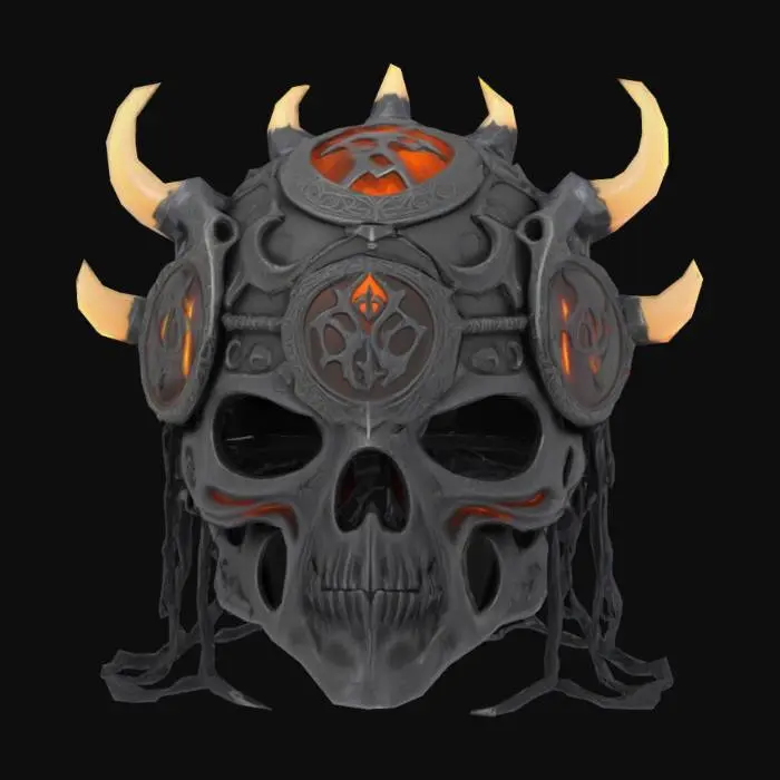 3D model for "Dark warlock helmet, sinister bone crown or mask, glowing sigils, twisted demonic design, black stone or obsidian elements, tattered magical threads, eerie and arcane feel, highly detailed for Unreal Engine 5."