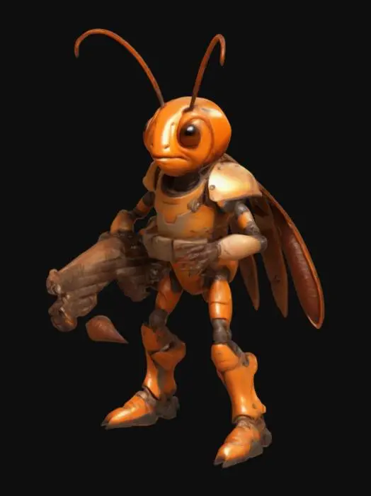 3D model for A humanoid cockroach character for a TPS game, with a sleek cartoonish exoskeleton in brown and orange tones. Large expressive eyes, two flexible antennae, and a mischievous grin. Wears a futuristic battle vest with pouches and armored boots. Two main arms and two smaller insect arms for added animation. Holds a sci-fi blaster with glowing green energy. Stylized, vibrant, dynamic pose, action-ready, inspired by Ratchet & Clank and Overwatch. 3D render, smooth textures