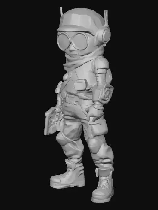 3D model for low poly-style futuristic space hunter character with a bold, vibrant persona. Energetic and rebellious, he features large, luminous eyes and a confident, mischievous smirk