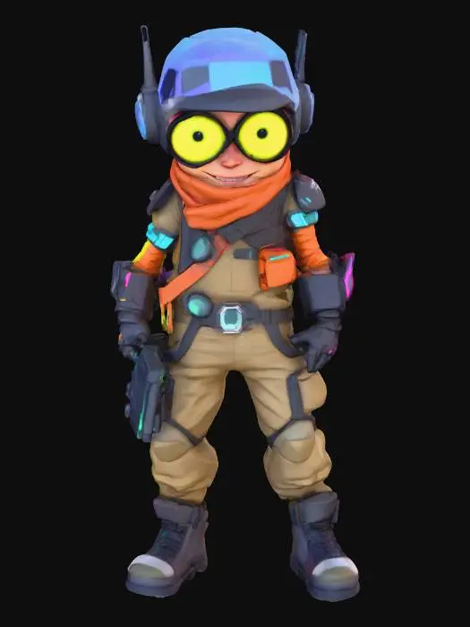3D model for low poly-style futuristic space hunter character with a bold, vibrant persona. Energetic and rebellious, he features large, luminous eyes and a confident, mischievous smirk