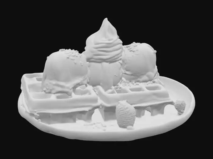 3D model for An inviting trio of waffle ice cream slices, each a perfect triangular portion, sits arranged on a plate. The airy, golden waffles provide a sturdy yet tender foundation, holding a luscious core of soft, velvety ice cream. Every surface bursts with an abundance of diverse toppings: glossy, swirling caramel, an assortment of bright, confetti-like sprinkles, and small, juicy berry garnishes. The careful placement and rich detailing of these elements create a visually stunning and utterly delectable dessert., #food#