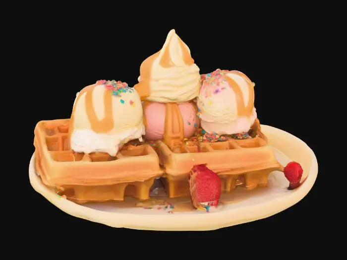 3D model for An inviting trio of waffle ice cream slices, each a perfect triangular portion, sits arranged on a plate. The airy, golden waffles provide a sturdy yet tender foundation, holding a luscious core of soft, velvety ice cream. Every surface bursts with an abundance of diverse toppings: glossy, swirling caramel, an assortment of bright, confetti-like sprinkles, and small, juicy berry garnishes. The careful placement and rich detailing of these elements create a visually stunning and utterly delectable dessert., #food#