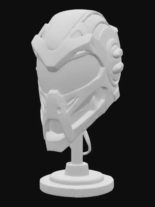 3D model for A futuristic sci-fi helmet made of brushed titanium with carbon fiber inlays. Its form is angular with aerodynamic fins, a reinforced jaw section, and an elongated visor. The color scheme features a matte gunmetal base with neon blue highlights and dark silver accents. Surface textures include scratched metal edges, a glossy visor surface, and fine carbon weave details. The style is realistic PBR with cinematic lighting. The helmet is displayed on a rotating pedestal in a spaceship hangar, inspired by a blend of Halo Spartan armor and Tesla Cybertruck aesthetics., #PBR#