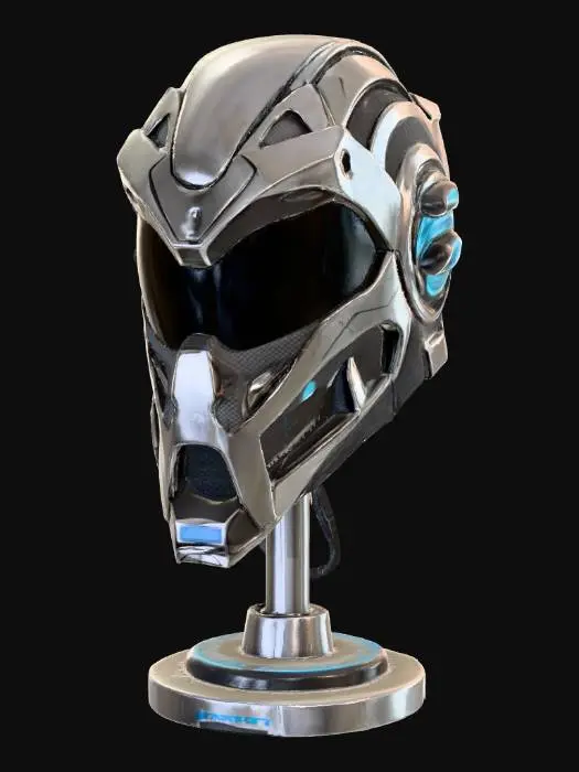 3D model for A futuristic sci-fi helmet made of brushed titanium with carbon fiber inlays. Its form is angular with aerodynamic fins, a reinforced jaw section, and an elongated visor. The color scheme features a matte gunmetal base with neon blue highlights and dark silver accents. Surface textures include scratched metal edges, a glossy visor surface, and fine carbon weave details. The style is realistic PBR with cinematic lighting. The helmet is displayed on a rotating pedestal in a spaceship hangar, inspired by a blend of Halo Spartan armor and Tesla Cybertruck aesthetics., #PBR#