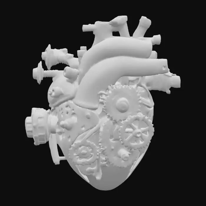 3D model for A human heart designed entirely from mechanical parts, with a highly intricate and realistic structure. The core is shaped like an anatomical heart, but built from interlocking gears, pistons, and rotating cogs that fit together seamlessly. Tubes, valves, and small hydraulic components replace arteries and veins, while polished metal plates form the outer structure. Tiny screws, chains, and clockwork details create an extremely detailed and complex design, emphasizing fine engineering craftsmanship. The materials are metallic with a mix of brushed steel, bronze, and copper accents. The style is realistic, focusing on high detail to showcase an intricate, fully mechanical human heart., #PBR#