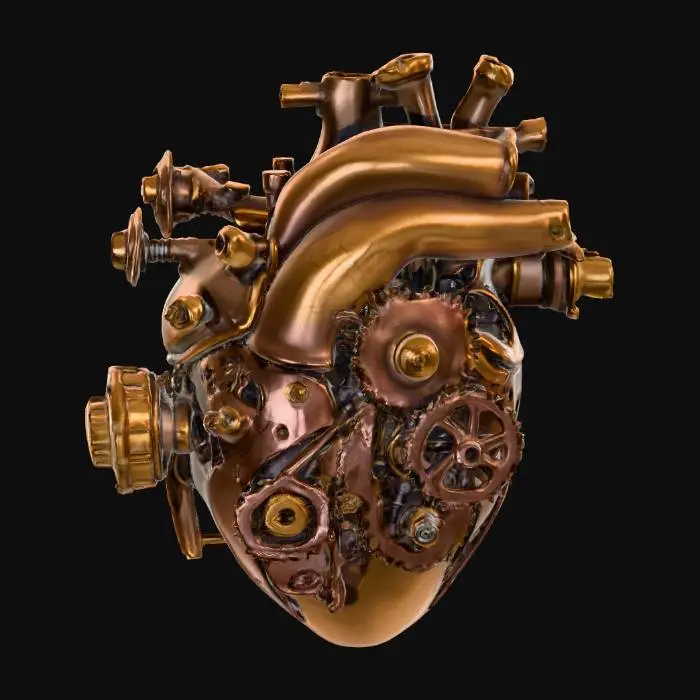 3D model for A human heart designed entirely from mechanical parts, with a highly intricate and realistic structure. The core is shaped like an anatomical heart, but built from interlocking gears, pistons, and rotating cogs that fit together seamlessly. Tubes, valves, and small hydraulic components replace arteries and veins, while polished metal plates form the outer structure. Tiny screws, chains, and clockwork details create an extremely detailed and complex design, emphasizing fine engineering craftsmanship. The materials are metallic with a mix of brushed steel, bronze, and copper accents. The style is realistic, focusing on high detail to showcase an intricate, fully mechanical human heart., #PBR#