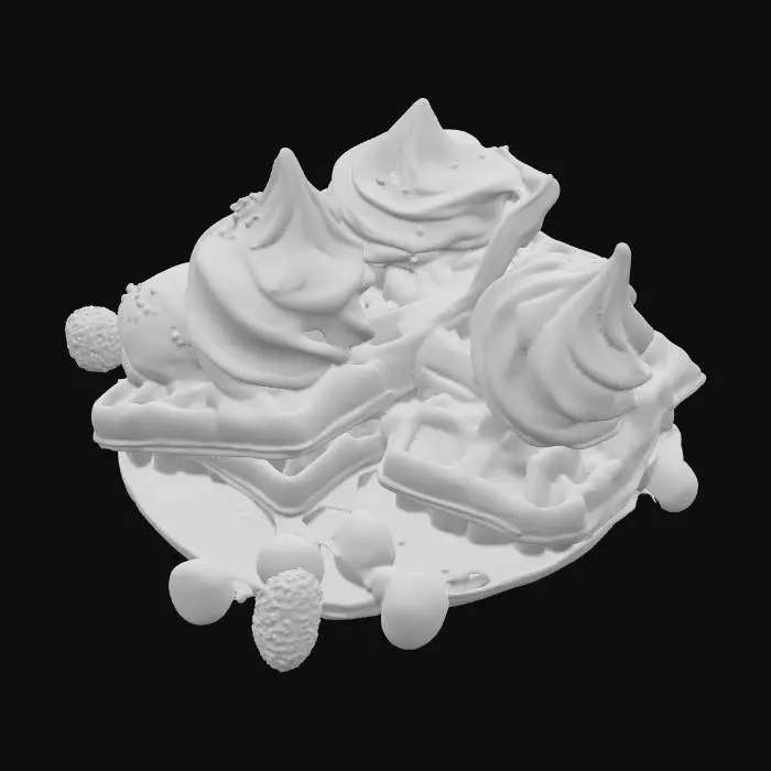 3D model for An inviting trio of waffle ice cream slices, each a perfect triangular portion, sits arranged on a plate. The airy, golden waffles provide a sturdy yet tender foundation, holding a luscious core of soft, velvety ice cream. Every surface bursts with an abundance of diverse toppings: glossy, swirling caramel, an assortment of bright, confetti-like sprinkles, and small, juicy berry garnishes. The careful placement and rich detailing of these elements create a visually stunning and utterly delectable dessert., #food#