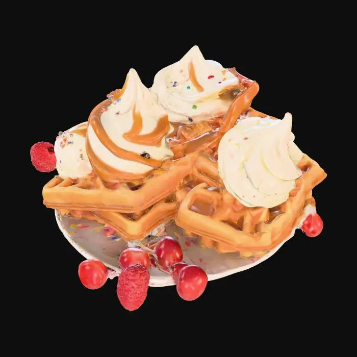 3D model for An inviting trio of waffle ice cream slices, each a perfect triangular portion, sits arranged on a plate. The airy, golden waffles provide a sturdy yet tender foundation, holding a luscious core of soft, velvety ice cream. Every surface bursts with an abundance of diverse toppings: glossy, swirling caramel, an assortment of bright, confetti-like sprinkles, and small, juicy berry garnishes. The careful placement and rich detailing of these elements create a visually stunning and utterly delectable dessert., #food#