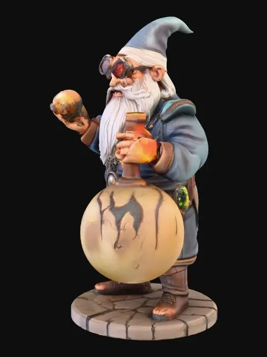 3D model for Fantasy dwarf alchemist with rampant beard, dark glasses, smoking pipe in teeth, burning bomb in hands and giant spherical bottle with acid liquid on the back. Boardgame figurine on round base with dungeon terrain.