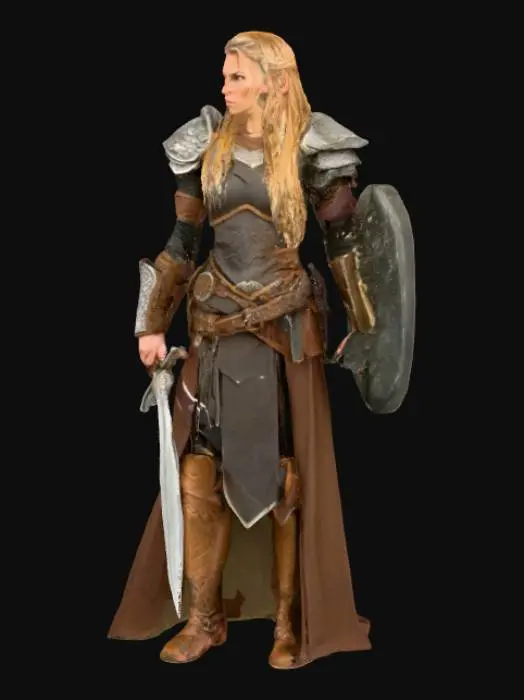 3D model for mujer guerrera vikinga con espada y un dragón sobre una roca