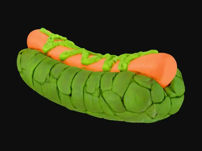 3D model for A monstrous hot dog featuring a dark, charred green bun with a rugged, scaly texture, resembling Godzilla's skin. A thick, dark-colored sausage is nestled within, covered in a vibrant green relish that mimics jagged monster spines and glowing orange-red chili or cheese sauce, suggesting atomic energy. The bun itself might have cracks or irregular tears, giving it a powerful, destructive aesthetic. The overall form is substantial and robust, offering a firm, somewhat rough tactile quality., #food#