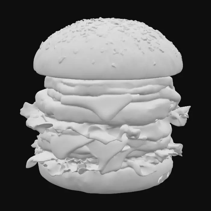 3D model for A colossal cheeseburger featuring a dark, charred green bun, sculpted to resemble Godzilla's rough, scaly hide. Inside, multiple thick, juicy beef patties are layered with bright orange melted cheese, suggesting molten lava. Jagged, vibrant green lettuce leaves protrude like monster spines, and a fiery red sauce oozes between the layers, mimicking a destructive breath. The overall form is robust and irregularly shaped, conveying immense, monstrous power., #food#