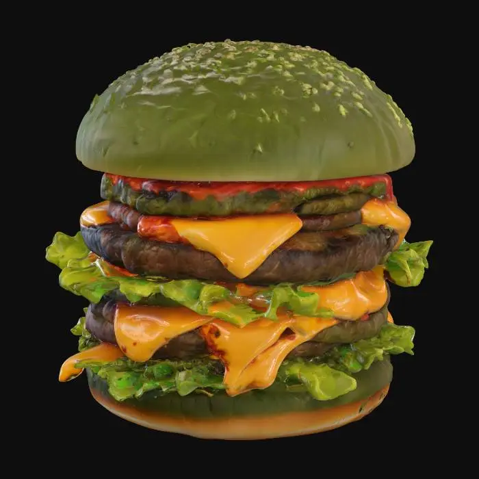 3D model for A colossal cheeseburger featuring a dark, charred green bun, sculpted to resemble Godzilla's rough, scaly hide. Inside, multiple thick, juicy beef patties are layered with bright orange melted cheese, suggesting molten lava. Jagged, vibrant green lettuce leaves protrude like monster spines, and a fiery red sauce oozes between the layers, mimicking a destructive breath. The overall form is robust and irregularly shaped, conveying immense, monstrous power., #food#