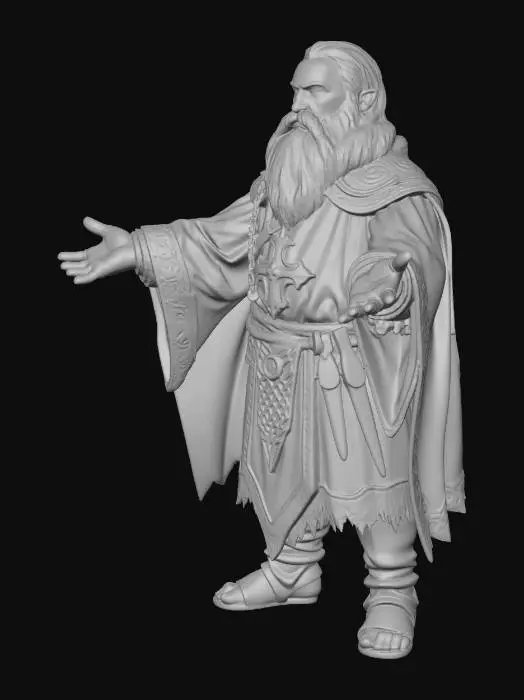 3D model for Heroic fantasy dwarf cleric character, standing in T-pose, unarmed, wearing bright holy vestments with partial chainmail armor, radiant light colors, inscriptions and small religious ornaments, robust body, braided beard, no helmet, cinematic fantasy style, realistic materials, ready for 3D model generation.