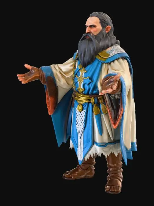 3D model for Heroic fantasy dwarf cleric character, standing in T-pose, unarmed, wearing bright holy vestments with partial chainmail armor, radiant light colors, inscriptions and small religious ornaments, robust body, braided beard, no helmet, cinematic fantasy style, realistic materials, ready for 3D model generation.