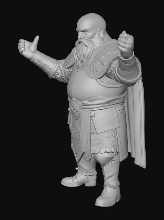 3D model for Dark gritty crusader dwarf, T-pose, unarmed, no weapon, no shield, no helmet, no head armor, no hood, no hat, bare head, hair and beard fully visible, grim medieval chainmail and worn plate armor, faded crusader tabard with muted colors, battle-worn realistic textures, gritty dark fantasy.