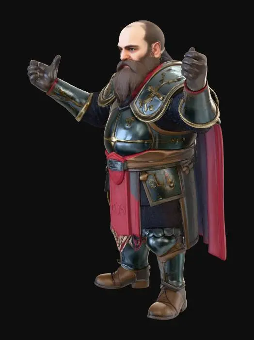 3D model for Dark gritty crusader dwarf, T-pose, unarmed, no weapon, no shield, no helmet, no head armor, no hood, no hat, bare head, hair and beard fully visible, grim medieval chainmail and worn plate armor, faded crusader tabard with muted colors, battle-worn realistic textures, gritty dark fantasy.