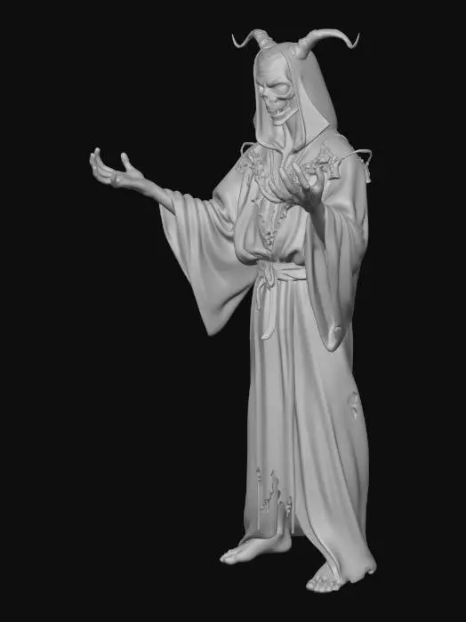 3D model for Realistic necrotic sorcerer character as a video game asset, strict T-pose with arms perfectly horizontal and elbows straight, no casting gesture, no spell poses, no hand gestures, neutral rigid stance, no weapons, pale skin, long tattered robes with bone ornaments and runes, gaunt face, high detail, realistic textures, PBR ready, clean silhouette, dark fantasy aesthetic.