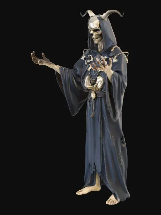 3D model for Realistic necrotic sorcerer character as a video game asset, strict T-pose with arms perfectly horizontal and elbows straight, no casting gesture, no spell poses, no hand gestures, neutral rigid stance, no weapons, pale skin, long tattered robes with bone ornaments and runes, gaunt face, high detail, realistic textures, PBR ready, clean silhouette, dark fantasy aesthetic.