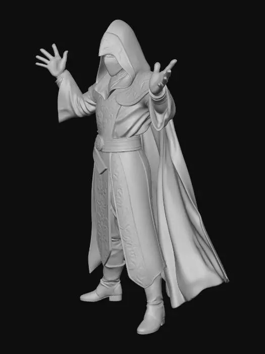 3D model for Sorcerer in black and red robe, no weapon, in T-Pose. No gesture, only T-Pose.