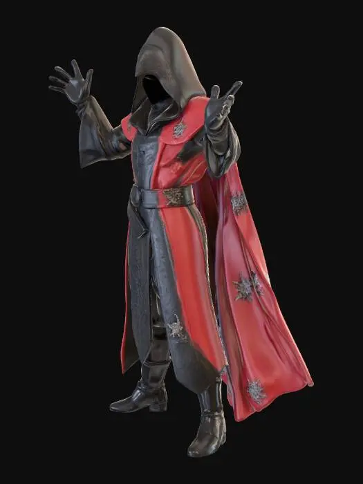 3D model for Sorcerer in black and red robe, no weapon, in T-Pose. No gesture, only T-Pose.