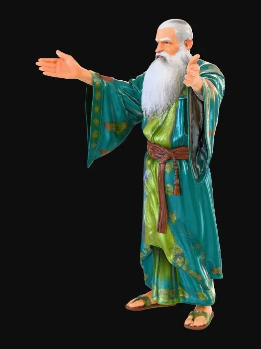 3D model for Summoner sorcerer in blue and green tone robe, old human male, no weapon, in T-Pose. No gesture, only T-Pose, arms extended in real T-Pose. No helmet.