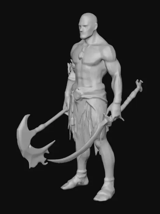 3D model for A battle-worn warrior with a muscular, scarred body and emerald-green eyes. He wears minimal, tattered clothing in shades of purple mixed with the red of dried blood. His worn sandals show long years of combat. In his right hand, he grips a curved ice sword; his left arm is a bionic replacement ending in a small, sharp sickle.