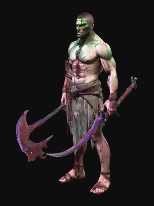 3D model for A battle-worn warrior with a muscular, scarred body and emerald-green eyes. He wears minimal, tattered clothing in shades of purple mixed with the red of dried blood. His worn sandals show long years of combat. In his right hand, he grips a curved ice sword; his left arm is a bionic replacement ending in a small, sharp sickle.