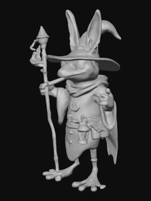 3D model for humanoid frog with rabbit ears. dressed as a wizard holding a staff in one hand and having a cigar in it's mouth
