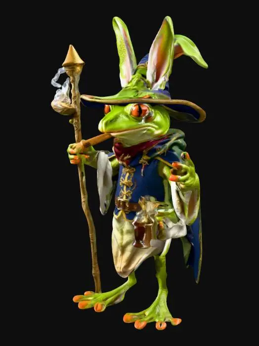 3D model for humanoid frog with rabbit ears. dressed as a wizard holding a staff in one hand and having a cigar in it's mouth