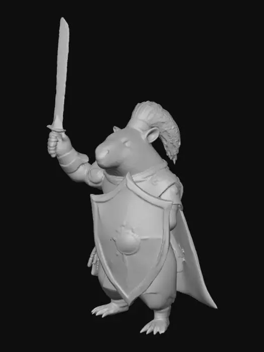 3D model for humanoid capybara claded in armor without helmet. the armor has shades of red and silver. On it's left hand a shield in guard position a blade raised above it's head on the other hand cheering victory