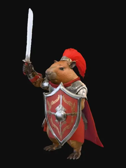 3D model for humanoid capybara claded in armor without helmet. the armor has shades of red and silver. On it's left hand a shield in guard position a blade raised above it's head on the other hand cheering victory