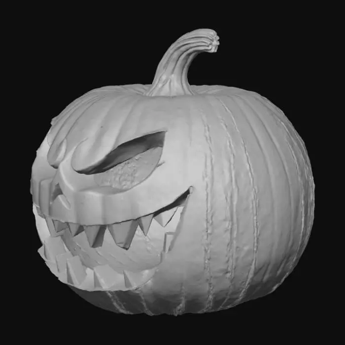 3D model for uma abobora com 10mm de espessura oca. diâmetro da abobora de 120mm. sem base uma haste de 30 mm curvado para tras. uns olhos com uma profundidade de 4mm nao vendo o interior, agressivos com angulos quase rectos. um sorriso malevolo com profundidade ate ao interior e dentes bicudos.