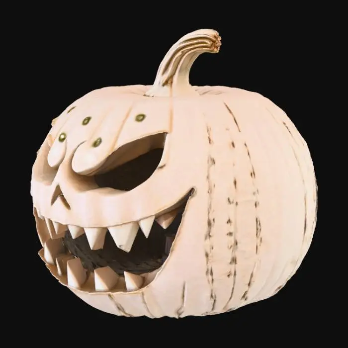 3D model for uma abobora com 10mm de espessura oca. diâmetro da abobora de 120mm. sem base uma haste de 30 mm curvado para tras. uns olhos com uma profundidade de 4mm nao vendo o interior, agressivos com angulos quase rectos. um sorriso malevolo com profundidade ate ao interior e dentes bicudos.