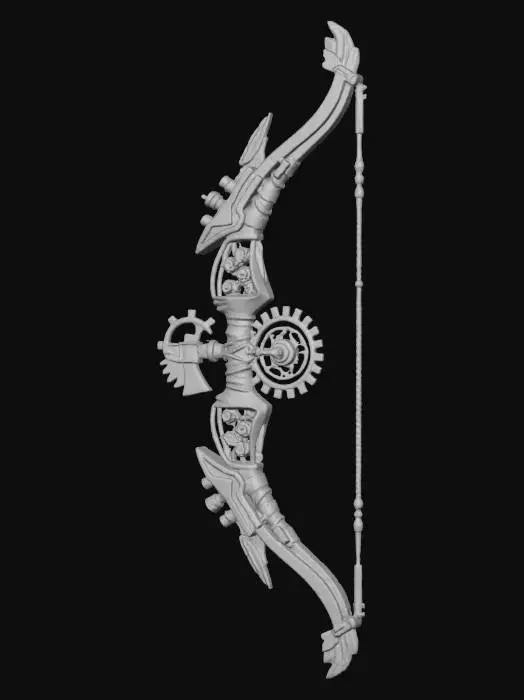 3D model for Concept art of a mechanical bow, white, beige expressive colours fantasy, steampunk, no background