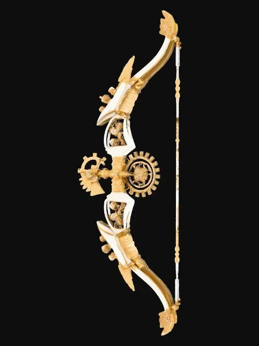 3D model for Concept art of a mechanical bow, white, beige expressive colours fantasy, steampunk, no background